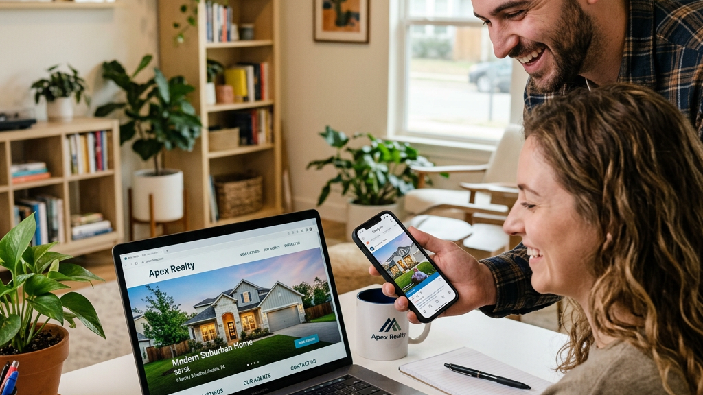 Couple viewing a real estate website with suburban home listing on laptop and phone
